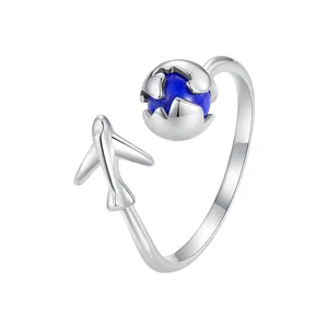 925 Sterling Silver Creative Travel Airplane Blue Earth Open Rings Women Global Tour Lapis Ring Girl Birthday Party Gift SCR959
