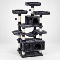 Arbre à chat multi-niveaux en charbon de bois avec deux condos superposés et hamac central