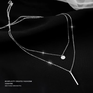 Collar de doble capa con colgante geométrico de tira larga y redondo brillante, estilo sencillo y moderno, para mujer - Product Image 3