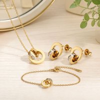 Ensemble de bijoux pour femme en acier inoxydable 316L, 3 pièces : collier double anneau, boucles d'oreilles clous, bracelet jonc - Cadeau de mariage, usage quotidien