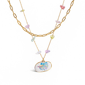 Collar de acero inoxidable de doble capa con piedras de colores y colgante ovalado para mujer, joyería de moda. - Product Image 5