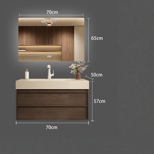 Mid ancient style rock slab hot bending integrated basin intelligent lighting mirror walnut <b>wall</b> <b>mounted</b> bathroom <b>cabinet</b> - Product Image 3