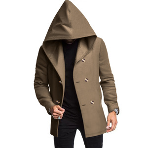 Nouveau Trench-coat <span class=keywords><strong>Homme</strong></span> Printemps Style Européen et Américain, Mi-long, Croisé, Col Montant, Coupe Slim, avec <span class=keywords><strong>Capuche</strong></span>, Couleur Unie Décontractée - Product Image 2