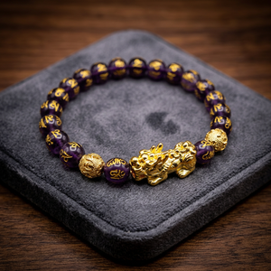 Bracelet unisexe artisanal en améthyste sculptée Pixiu pour la richesse et la prospérité, porte-bonheur et protection - Product Image 3