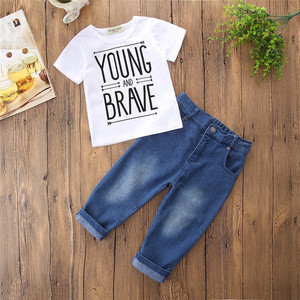 Ensemble de vêtements pour bébé garçon, été, t-shirt en coton uni décontracté + jean, 2 pièces - Product Image 2