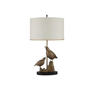 Lampe de table sculpturale en forme de caille dorée avec base noire |   Éclairage rustique d'inspiration naturelle pour chambre d'hôtel, style cabane - Product Image 1