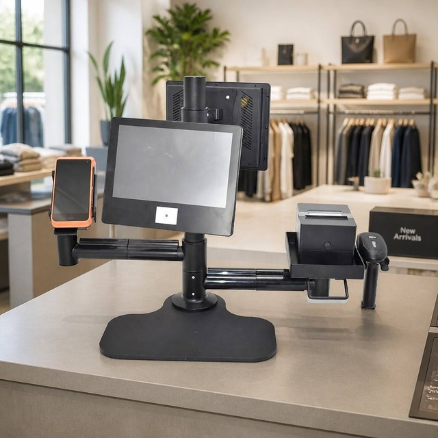 POSD-33 Multi-Functional Desktop Pole Stand for POS/Monitor, VESA 75x75 100x100, Height Adjustable 360 Rotatable