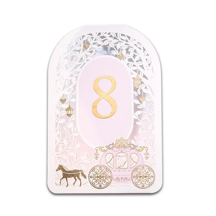 custom high quality print laser cut engraved wedding gold foil letter stands table numbers cards with head card