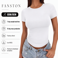 En stock – Haut moulant pour femme, coupe ajustée, basique, manches courtes, col rond, printemps, sexy, doux, infroissable, polyester, logo personnalisé