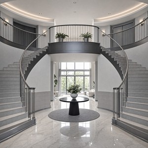 Scala a doppia curvatura per interni di ville di lusso con eleganti gradini in legno <span class=keywords><strong>e</strong></span> struttura metallica personalizzata - Product Image 5