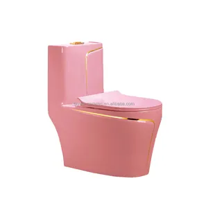 Inodoro de porcelana de estilo europeo, inodoro de baño multicolor de una pieza, color rosa y dorado