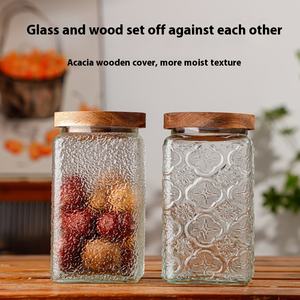 モダンな200ml大型エンボス加工ガラス保存瓶、木製蓋付き、クッキー、コーヒー、紅茶、スナック、キャンディー、キッチン、家庭用、化粧品用 - Product Image 3