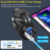Chargeur USB marin 3 ports 12V-24V à charge rapide, étanche, avec prise allume-cigare USB de remplacement en aluminium, interrupteur et voltmètre