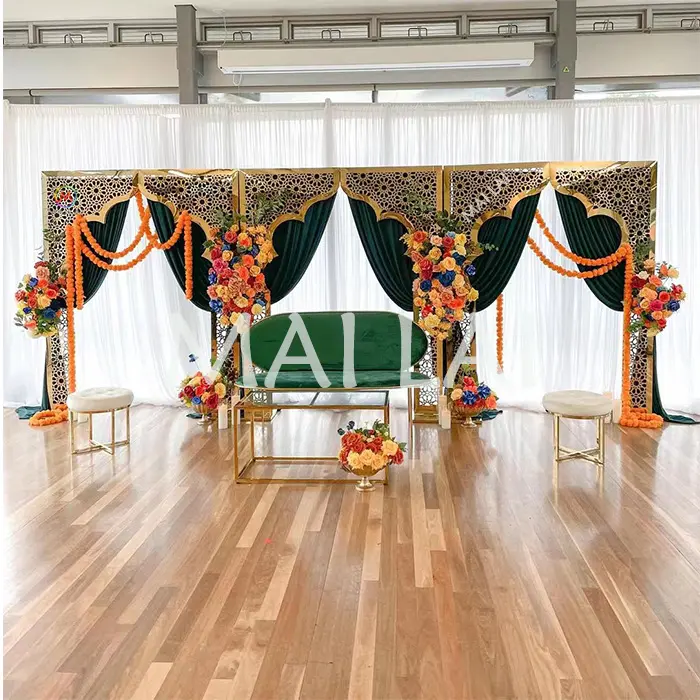 Baru Datang Pesta Pernikahan Dekorasi Panggung Emas Shimmer Lengkungan Latar Belakang Panel Dinding Pernikahan Panel