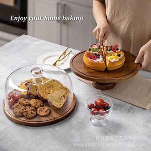 Plateau à gâteau en bois avec couvercle en verre, plateau rond pour desserts et pains, pour la présentation de petits gâteaux lors de fêtes - Product Image 2