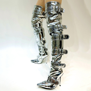 Silver Belt Buckles Women Thigh High <b>Boots</b> Metal High Heels Denim Long Booties Sexy Punk Over Knee Stiletto Shoes - Product Image 1