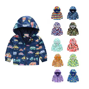 Spring Autumn Baby Boys Children Clothes Wholesale Fashion Cartoon Print Hooded Trench Coat Jackets Toddler Boys Jackets Outwear