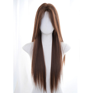 Perruque pour <span class=keywords><strong>femme</strong></span>, style coréen, avec dentelle frontale, <span class=keywords><strong>frange</strong></span> <span class=keywords><strong>mi</strong></span>-longue, <span class=keywords><strong>cheveux</strong></span> longs et raides, pour usage quotidien, effet visage éclaircissant, couvrante - Product Image 1