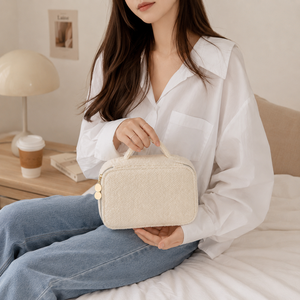 Quality Guarantee Ivory Knit Travel Vanity <b>Case</b> with Mirror and Top Handle for Women <b>Makeup</b> and Cosmetic Storage - Product Image 5
