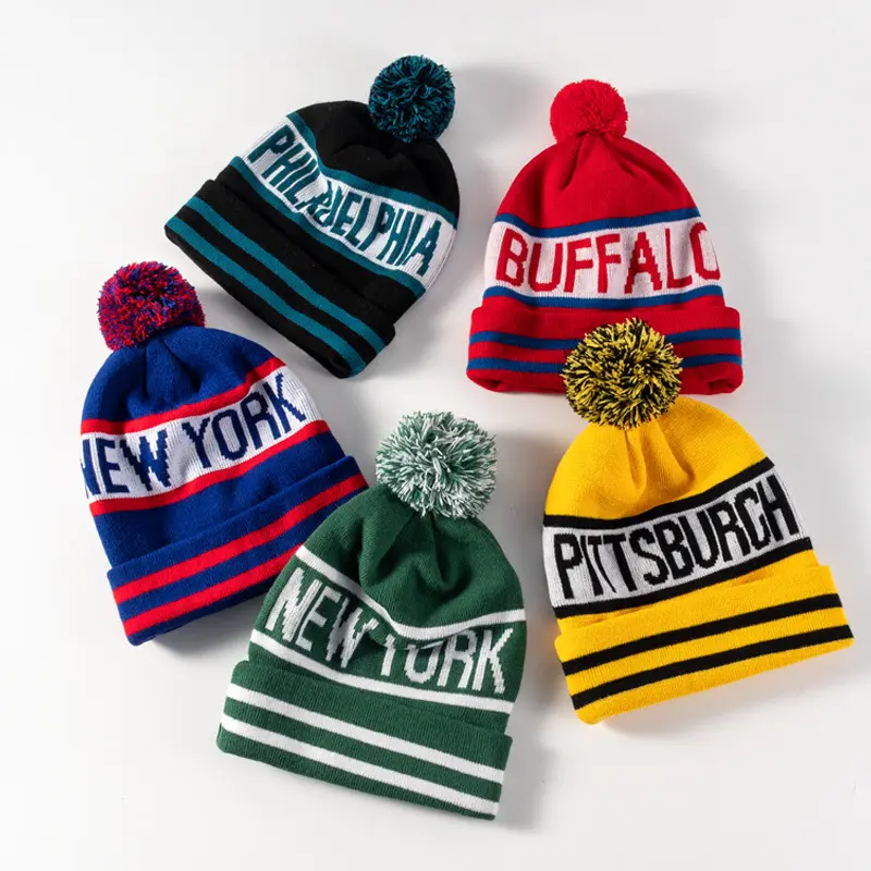 Wholesale Customized football basketball sports club team logo jacquard fans soccer knit hat with pom pom beanie hats