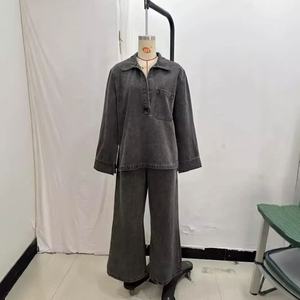 精品批发2025夏季法式时尚水洗蓝色牛仔衬衫休闲裤女套装 - Product Image 1