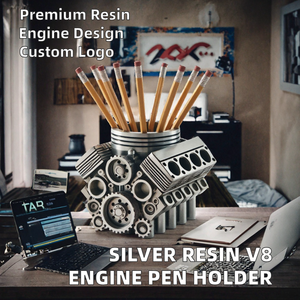 FQ Resin Silver V8 Engine Shaped High Quality Customized Logo <b>Pen</b> <b>Holder</b> Creative <b>Desk</b> /Organizer Office Art Gift 15x12x10cm - Product Image 2