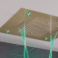 Pommeau de douche LED moderne à haute pression, monté au plafond, en acier inoxydable 304, finition or brossé, 3 fonctions (brume/pluie), pour salle de bain de luxe