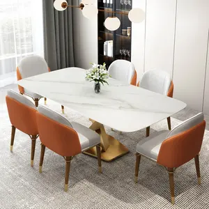 Недорогая мраморная каменная плита, домашняя мебель, обеденный стол и 6 стульев в сочетании с золотой металлической основой