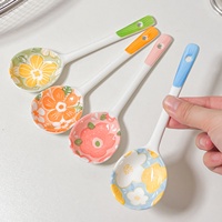 Sendok Sup Keramik Gagang Panjang Four Seasons Motif Bunga Warna Underglaze Desain Jepang/Minimalis Peralatan Makan Berkualitas Tinggi