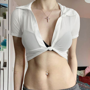 Sexy <b>Sheer</b> Mesh Crop <b>Top</b> for Women Twist Front Deep V Lapel Short <b>Sleeve</b> See Through Club Party Night Out <b>Top</b> - Product Image 2