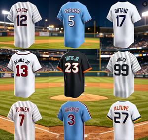 Großhandel Bestickte Herren-Baseballtrikots 99 Aaron Judge 3 Bryce Harper <span class=keywords><strong>23</strong></span> Fernando Tatis Jr. 27 Jose Altuve 17 Shohei Ohtani - Product Image 1