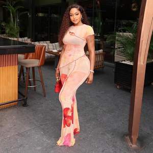 Voikerdr-Conjunto Sexy de dos piezas para mujer, Top de malla asimétrico, pantalones de manga corta con cuello redondo, traje de chifón para primavera y verano - Product Image 4