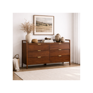 Commode en bois à 6 tiroirs de style Mid-Century Modern, armoire de rangement longue pour chambre à coucher, salon, bureau à domicile - Product Image 1