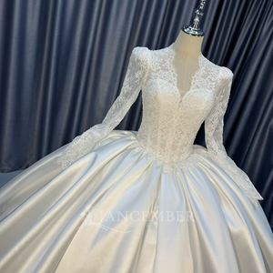 Lscm117 Elegant Ivory <b>Sheer</b> Lace <b>Long</b> <b>Sleeve</b> Beaded Corset Minimalist Satin Ball Gown Wedding Dress Train Jancember - Product Image 4