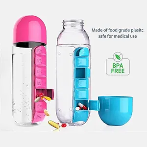 Portable Water Bottle Weekly Pill Cup Case , travel Multi Function Pill Bottle, Outdoor 7 Compartments pill Organizer box 20oz