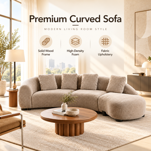Sofá Seccional Curvo Moderno con Chaise Longue, Tela Texturizada Color Taupe, Brazos Redondeados y Asientos Profundos para Salas de Estar de Lujo - Product Image 3