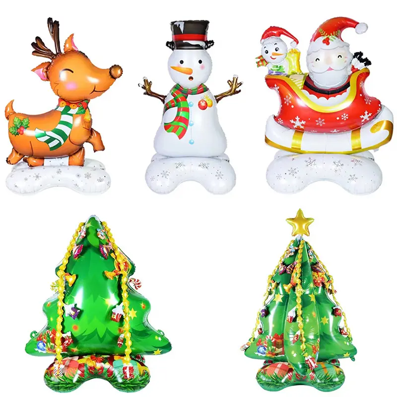 Xmas New Year Party Supplies Base Santa Claus Elk Snowman Shape 4D Standing Christmas Tree Balloons