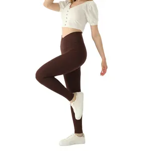 女式交叉腰带高腰俯卧撑打底裤运动健身打底裤瑜伽棕色最受欢迎批发
