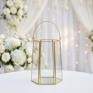 Wholesale Brass Metal Framed Glass <b>Hurricane</b> Candle Holder with Handle for Home and Weddings Decoration - Product Image 1
