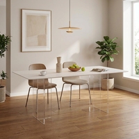 Table à manger rectangulaire en pierre frittée avec base en acrylique transparente, design flottant, mobilier moderne et minimaliste