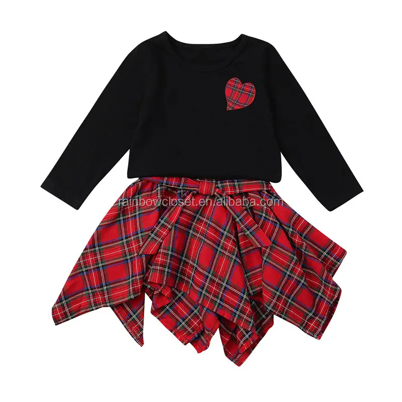 Spring Fashion Set for 12-Year-Old Girl Long Sleeve Tee Shirt and Red Plaid Skirt 2-Piece Kids Clothes Set