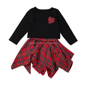 Conjunto de moda primavera para menina de 12 anos, camiseta de manga comprida e saia xadrez vermelha, conjunto de 2 peças para crianças