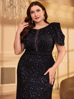 Robe longue de soirée/mariage haut de gamme pour femme grande taille, à manches courtes, en maille patchwork et sequins, avec fermeture éclair