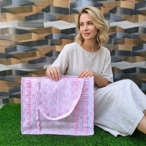 Sac fourre-tout rose en coton, artisanal indien traditionnel, motif floral, couleur unie, élégant, spacieux, léger - Product Image 1