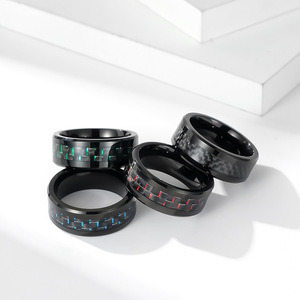 Anillo de fibra de carbono de acero de tungsteno para hombre, negro, azul, rojo, verde, diseño geométrico, joyería de regalo - Product Image 2