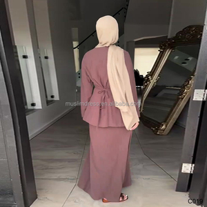 Phụ Nữ Giản Dị Dài Váy Thiết Lập Thoải Mái Màu Rắn Phụ Nữ Hồi Giáo Phía Trước Nút Thiết Kế Áo Bộ - Product Image 4