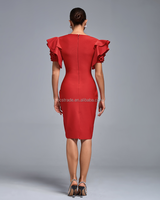 Gaun Koktail Wanita Desain Fashion Terbaru Ocstrade, Warna Solid, Lengan Pendek, Ruffle, Midi, Bodycon, Merah, Model Bandage