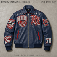 Blouson Bomber en Cuir PU Bleu Marine Personnalisé 500 g/m² avec Étoiles Incrustées, Col Pointu, Marque Privée, Vêtement d'extérieur Streetwear OEM ODM