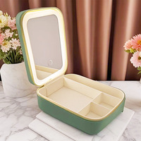 Miroir de courtoisie portable pliable en PU avec lumière LED tricolore, sac de rangement pour maquillage et bijoux en extérieur, produit de beauté et de soins personnels