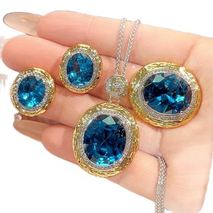 9 Bijoux Vintage en Cuivre Plaqué Or, Mode, Zircon Cubique Bleu Taille Ovale 15*18-10*12mm, Lot de 3 Pièces pour Fiançailles, Mariage et Fêtes - Product Image 2